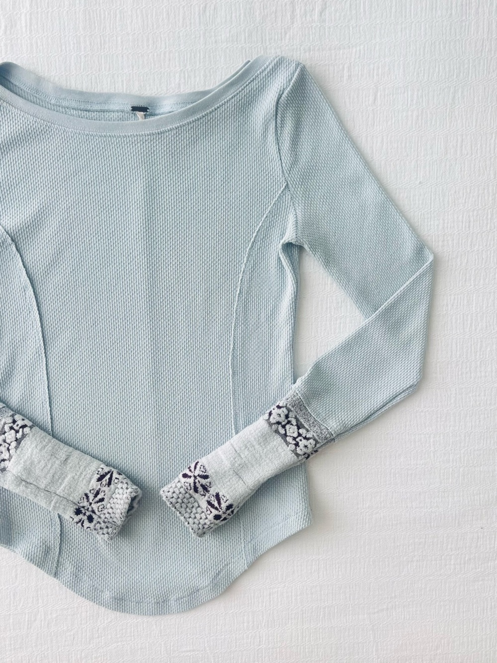 FREE PEOPLE Rosey Knit Cuff Thermal Top in “Seaspray” Blue
